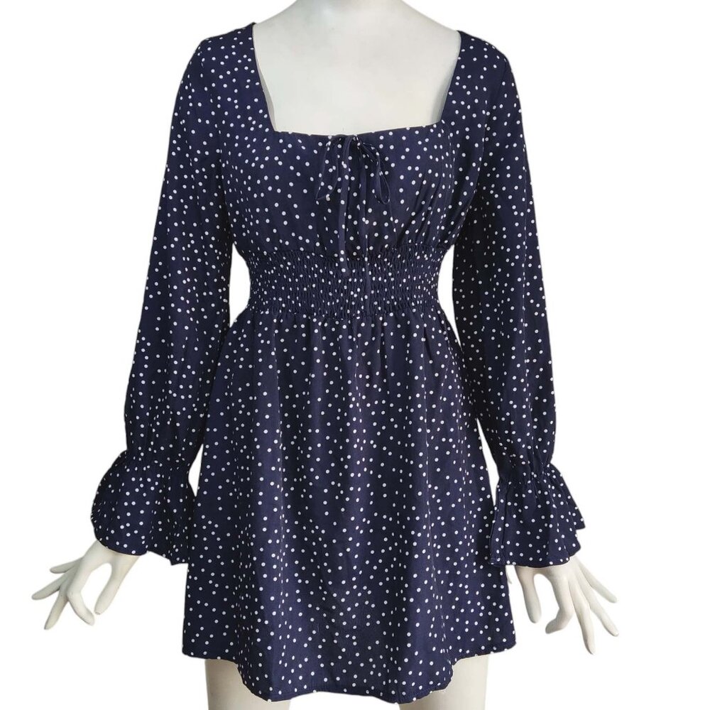 PRINCESS POLLY Polka Dot Peasant Top Smocked Waist Ruffle Cuff Mini Dress Sz 8